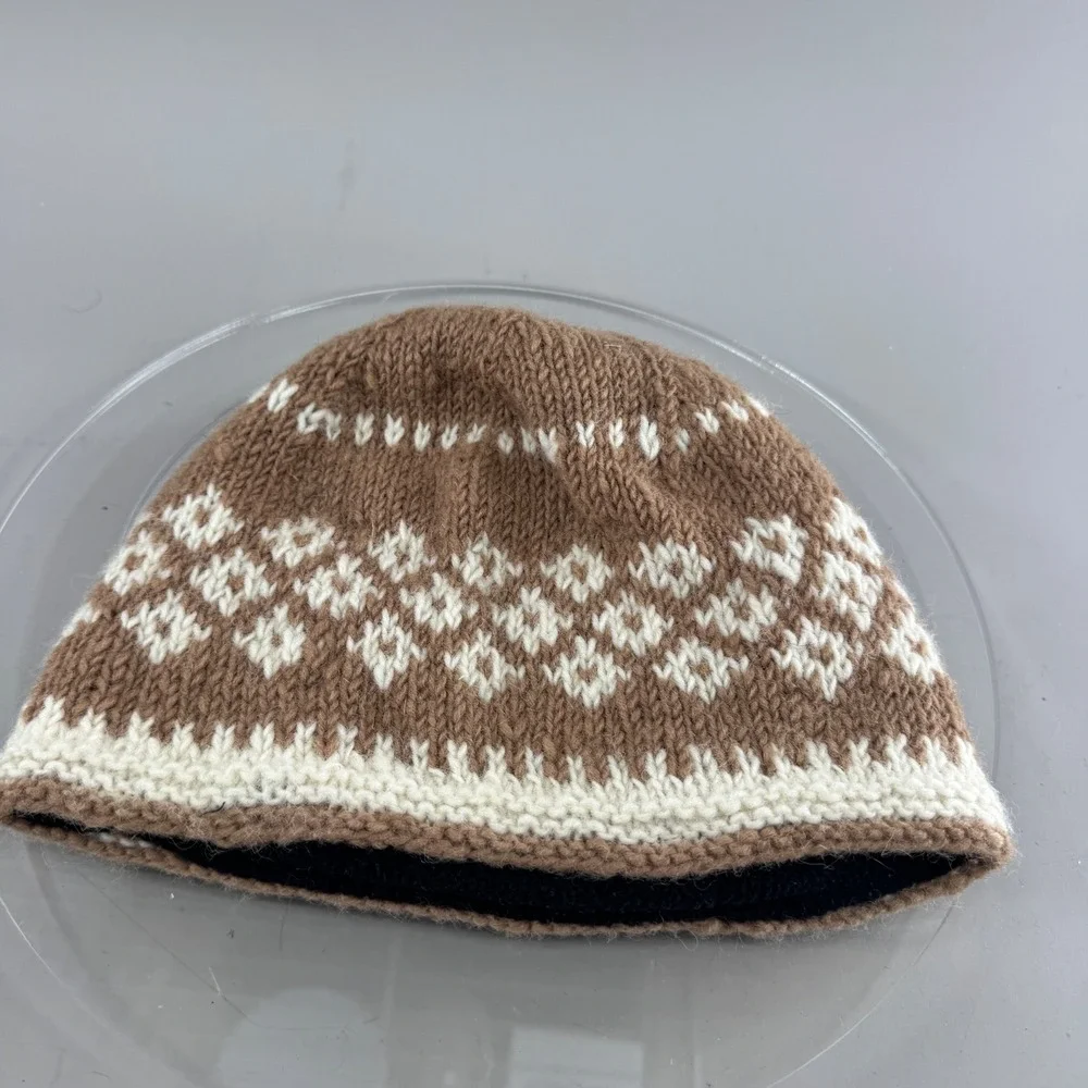 Feelgoodz Unisex Wool Beanie Hat Fair Isle Fleece Lined Nepal Brown White OS